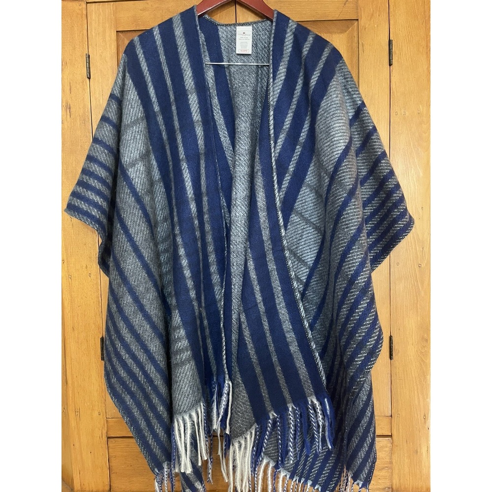 Woolrich Woman's One Size Poncho Shawl Wrap Blanket Multicolored Blue Fringe